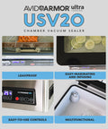 Avid Armor USV20 chamber vacuum sealer front view; stainless steel body with digital control panel
