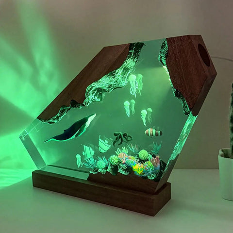 Blue Whale Resin Lamp With Wood Base RGB Ocean Nightstand Light For Coastal Home Office Decor Handcrafted Ocean Gift For Ocean Lovers