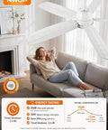 NWOP 28 Inch Plug-In Outdoor Ceiling Fan with Light and Remote, Waterproof Small Ceiling Fan for Patio Porch Balcony, 5 Blades Quiet Compact Ceiling Fan for Small Spaces (White) above a relaxed woman on a sofa.