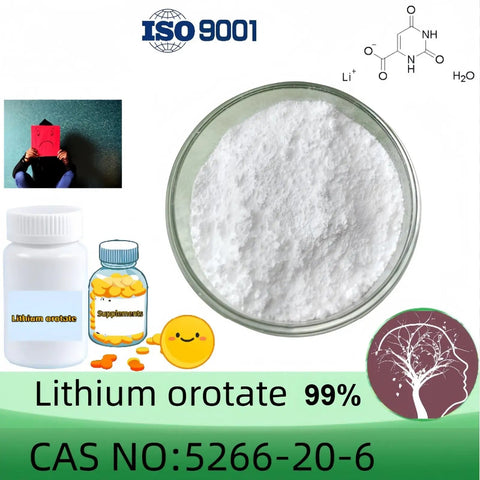 Lithium Orotate 20 Grams Raw Powder With 99 Percent Purity Min, CAS No 5266-20-6, displayed with chemical formula and images.