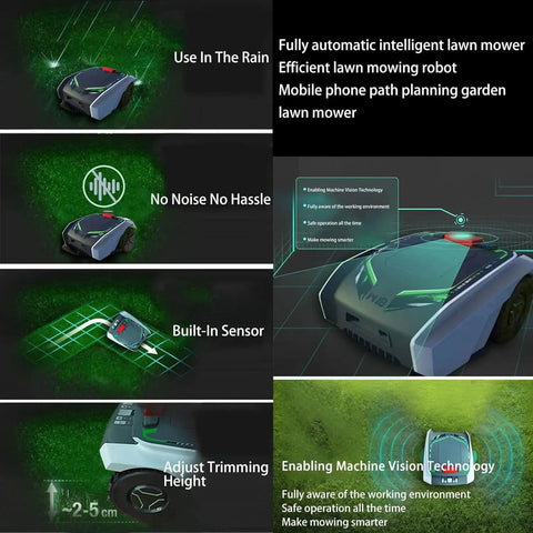 No Fuss Smart Robotic Lawn Mower For Commercial Use with app control, rain-resistant, sensor-equipped, adjustable height, self-charging