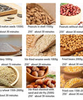 Image showing various nuts and seeds including peanuts, sesame, and corn with weights and cooking times for each, suitable for nut roasting.