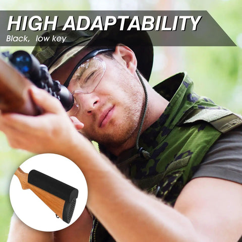 Hunter aiming with rifle featuring 12 Pack Rifle Cheek Riser Pads Dope Non Slip EVA Foam 3 Height Levels For Buttstock Cover Black.