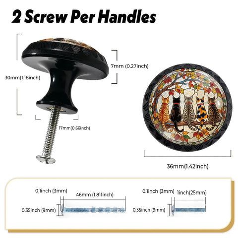Four Pack Round Crystal Glass Cabinet Knobs Featuring Lowkey Cool Five Cats Under Autumn Leaves For Updating Old Drawers And Big Time Vibe With Every Bedroom Or Pantry Setup, 36mm glass knobs with playful cat design.