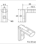 Technical diagram of a 20 Piece 2020 Series Black T Slot L Shape Corner Connector Bracket Set for Aluminum Extrusion Profile 6mm.