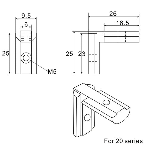 Technical diagram of a 20 Piece 2020 Series Black T Slot L Shape Corner Connector Bracket Set for Aluminum Extrusion Profile 6mm.