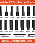 Deep Bolt Extractor Set 17 Piece One Half Inch Drive 85mm Reach Cr Mo Steel Spiral Socket Set Pro Grade for fastener removal.
