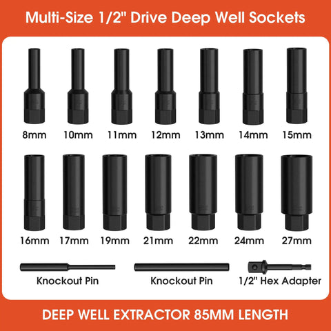 Deep Bolt Extractor Set 17 Piece One Half Inch Drive 85mm Reach Cr Mo Steel Spiral Socket Set Pro Grade for fastener removal.