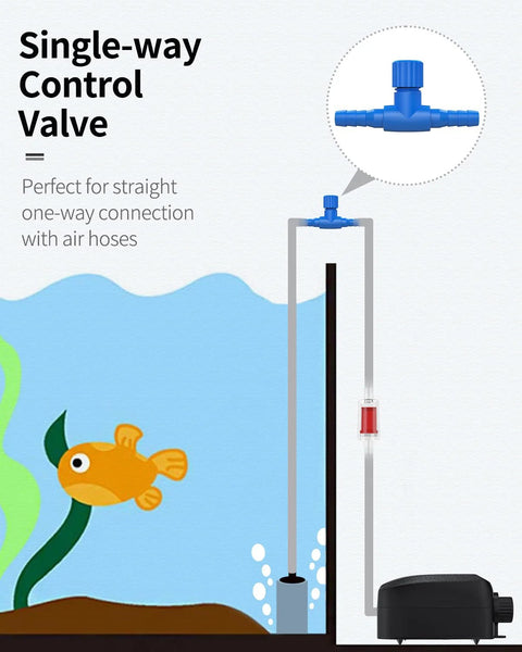Installed view: Pawfly blue single-way aquarium air control valve for 3/16 ID tubing on air pump setup