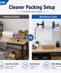 No Sweat Wall Mounted Foam Wrap Dispenser With Smooth Rolling Galvanized Steel Bubble Cushion Holder in wall-mount setup for efficient packing.