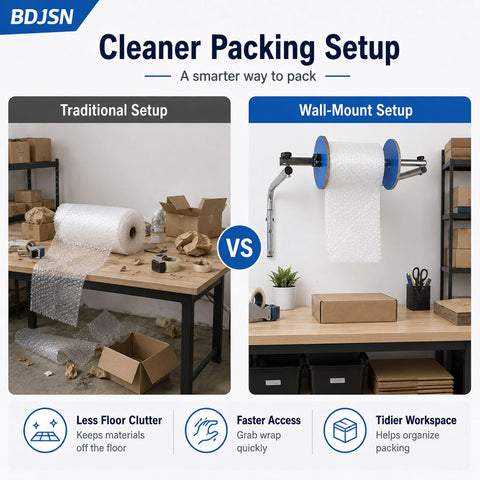 No Sweat Wall Mounted Foam Wrap Dispenser With Smooth Rolling Galvanized Steel Bubble Cushion Holder in wall-mount setup for efficient packing.