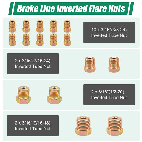 Brake line inverted flare nuts from 25Ft Three Sixteenth Inch Zinc Coated Steel Brake Line Tubing Kit With 16 Inverted Flare Fittings Universal Replacement For Trucks SUVs And Trailers Heavy Duty Hydraulic Line Built For Easy Install Durable Braking And Long Lasting Transmission.