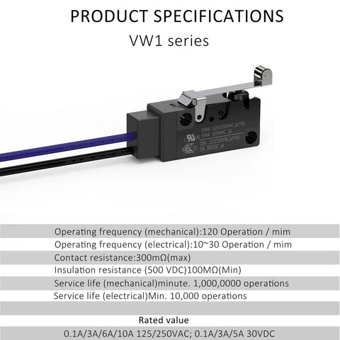 Hinge Lever Waterproof Momentary Push Button Micro Switch 1NO Snap Action Mini Switch 2 Pins 30cm Wire Lead specifications