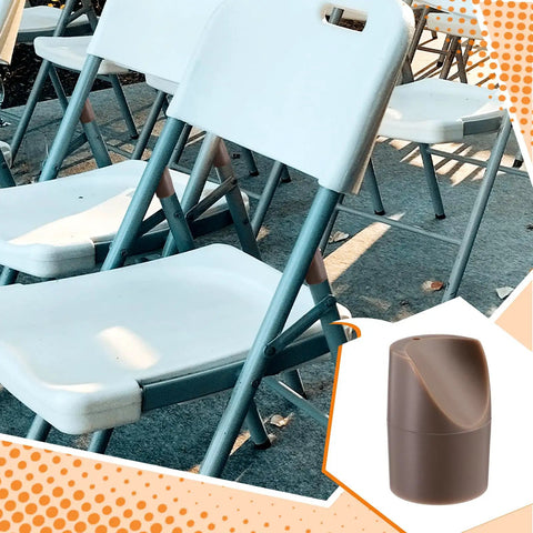 Twelve Pack Beige Folding Chair Leg Caps Seven Eighths Inch V Tip Stabilizer Feet Non Marring Floor Protectors for metal folding chairs.