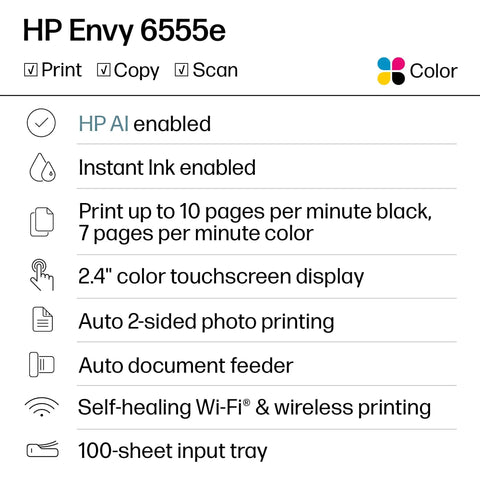 Features of Envy 6555e Wireless All-In-One Color Inkjet Printer With Duplex Printing, Borderless Photos for home office