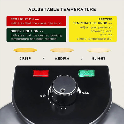 Automatic Electric Roti Maker 10 Inch Non Stick Tortilla Press Machine temperature control dial with red and green indicator lights.