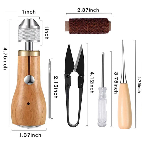 Handy Sewing Awl Kit For Leather Stitching, Portable All-In-One Tool Set with needles, thread, scissors, screwdriver, awl shown
