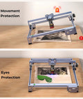 Creality Falcon 5W laser engraver on wood desk; aluminum frame, 400×415mm working area, front view.