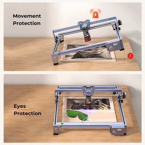 Creality Falcon 5W laser engraver on wood desk; aluminum frame, 400×415mm working area, front view.