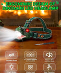 Totally Rad LED Dinosaur Headlamp with roar sound and 3 lighting modes on wooden surface with screwdriver, cozy background.