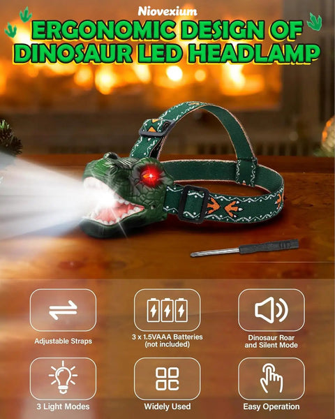 Totally Rad LED Dinosaur Headlamp with roar sound and 3 lighting modes on wooden surface with screwdriver, cozy background.