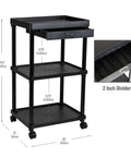 Three Tier Rolling Utility Cart With Secure Locking Casters, versatile kitchen storage in matte black with dimensions and drawer.