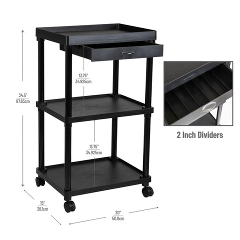 Three Tier Rolling Utility Cart With Secure Locking Casters, versatile kitchen storage in matte black with dimensions and drawer.