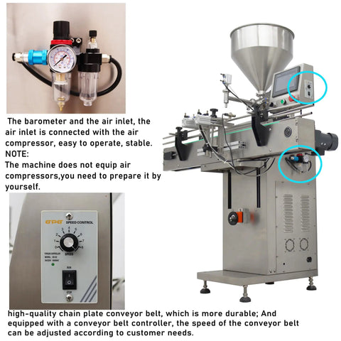 Heavy Duty Automatic Paste And Liquid Filling Machine With Solid Servo Pneumatic Drive and Long Conveyor Belt showcasing air inlet and control panel.