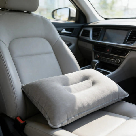 Go To Inflatable Neck And Lumbar Support Pillow in grey placed on car seat, ideal for travel comfort and support.