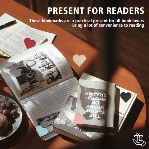 Genuine Leather Heart Page Corner Bookmarks For The Reading Crew Soft Grip Clips Totally Sweet Multi Color Set on a wooden table with books.