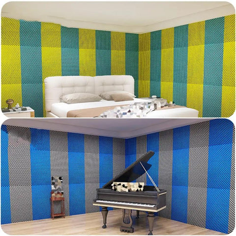 Premium Peel And Stick Acoustic Foam Panels in colorful striped pattern on walls of a bedroom and recording studio.