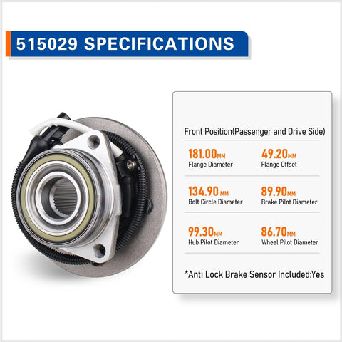 Front Wheel Hub Bearing Assembly 515029 for 2000-2003 Ford F-150 and 2004 F-150 Heritage 4WD with ABS, product specifications