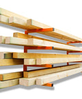 Heavy Duty Wall Mount Lumber Rack Solid Steel Wood Organizer Four Tier Garage Storage Shelf with stacked wood planks.
