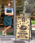 Heavy Duty 24x36 Outdoor A Frame Signs Double Sided Sandwich Board For Outside Use All Weather Wind Resistant Sidewalk Display Frame Sturdy Iron Frame With Easy Push In Design For Businesses outside a coffee shop.