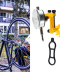 Bike Wheel Truing Stand With Percentage Indicator For Quick Rim Adjustment And Wheel Buckle Removal Pro Grade Cycling Rims Adjustment Tool For Bike Maintenance And Repair shown in use outdoors.