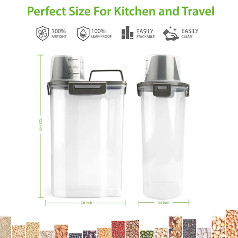 Airtight Dry Food Storage Container With Measuring Cup Clear BPA Free Pantry Organizer shown in two sizes