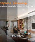 18 Pack Six Inch Ultra Slim LED Recessed Ceiling Light With Junction Box No Fuss Install shown in a dimmable living room setting