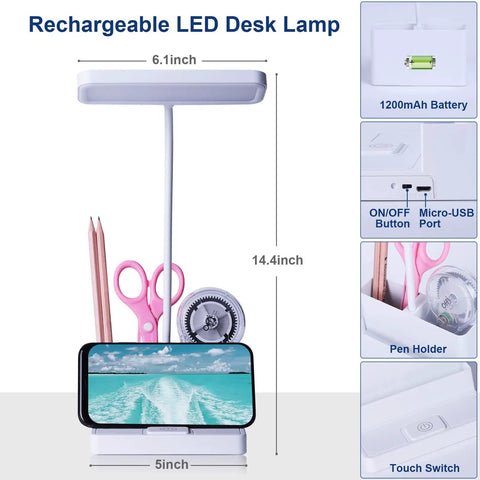 Rechargeable LED Desk Lamp With Pen And Phone Holder Flexible Gooseneck Three Color Modes And Stepless Dimming Eye Caring Light For Dorm Room Or Bedroom Tiny Study Lamp For Desk with dimensions and features such as touch switch, micro-USB port, and 1200mAh battery.
