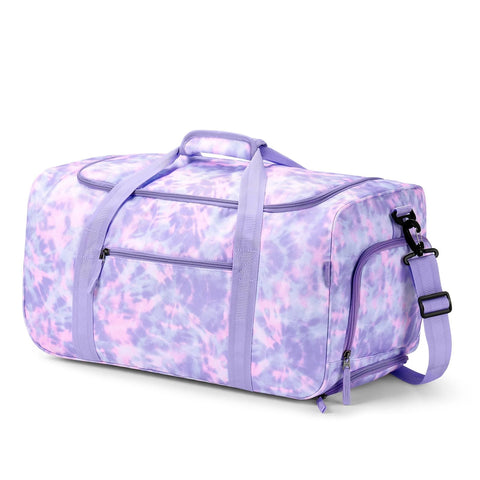 Front view of purple tie-dye rolling duffle bag with wheels, 22-inch, front zip pocket and detachable strap