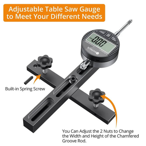 Digital Dial Indicator Gauge for Table Saws 0-1 Inch, adjustable alignment tool with built-in spring screw and chamfered groove rod.