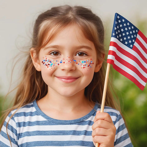 Young girl with Patriotic Red White and Blue Glitter Stick for 4th of July Outfits shimmer on cheeks holding American flag.