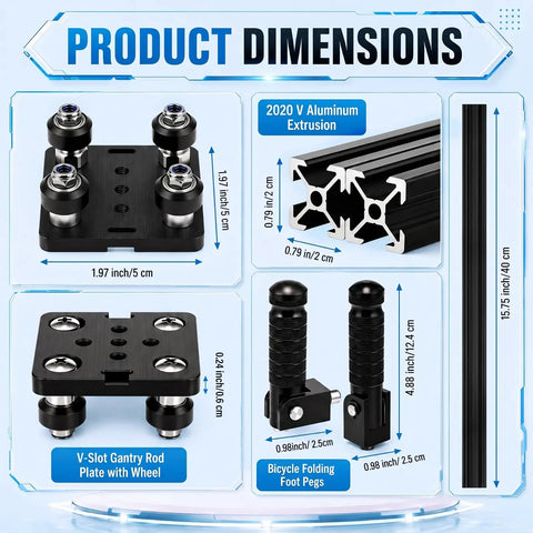 7 Pack 400mm Aluminum Extrusions With V Slot Gantry Rails, Rod Plates, Wheel Modules, And Universal 90 Degree Foldable Motorcycle And Bicycle Folding Foot Pegs For DIY 3D Printer And CNC Machine Projects. Product dimensions chart