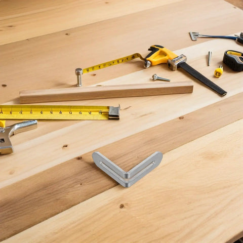 Stainless Steel L Shaped Brackets For Furniture Frames And Wood Shelves With Slotted Design 20 Pack shown on wooden table with tools