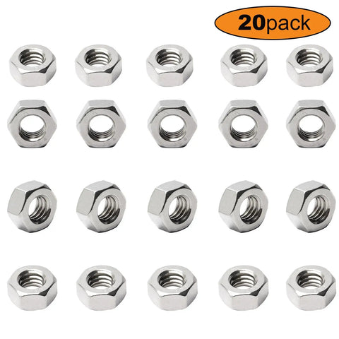 20 Pack 5/16-18 Hex Nuts Made From Workhorse Grade 304 Stainless Steel arranged in a grid for heavy duty fastening jobs.