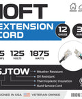 Heavy Duty Outdoor Extension Cord 12 Gauge 10 Ft With Lighted End, SJTOW Three Conductor 3 Prong, Oil Resistant And Flame Retardant