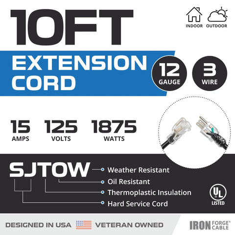 Heavy Duty Outdoor Extension Cord 12 Gauge 10 Ft With Lighted End, SJTOW Three Conductor 3 Prong, Oil Resistant And Flame Retardant