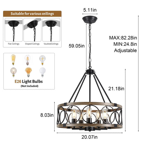 Black Six Light Chandelier For Modern Farmhouse Style Rustic Industrial Dining Room Light Fixture With Adjustable Height