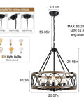 Modern Farmhouse 8-Light Black and Gold Chandelier with Adjustable Rod, dimensions and bulb guide shown