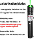 Rechargeable Green Laser Pointer High Power Beast Long Range Beam For TV LED LCD Screens Presentations Office And Outdoors Astronomy Tactical Flashlight Use Aluminum Body With Non Slip Grip And Low Battery Indicator with dual activation modes description.