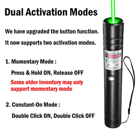 Rechargeable Green Laser Pointer High Power Beast Long Range Beam For TV LED LCD Screens Presentations Office And Outdoors Astronomy Tactical Flashlight Use Aluminum Body With Non Slip Grip And Low Battery Indicator with dual activation modes description.